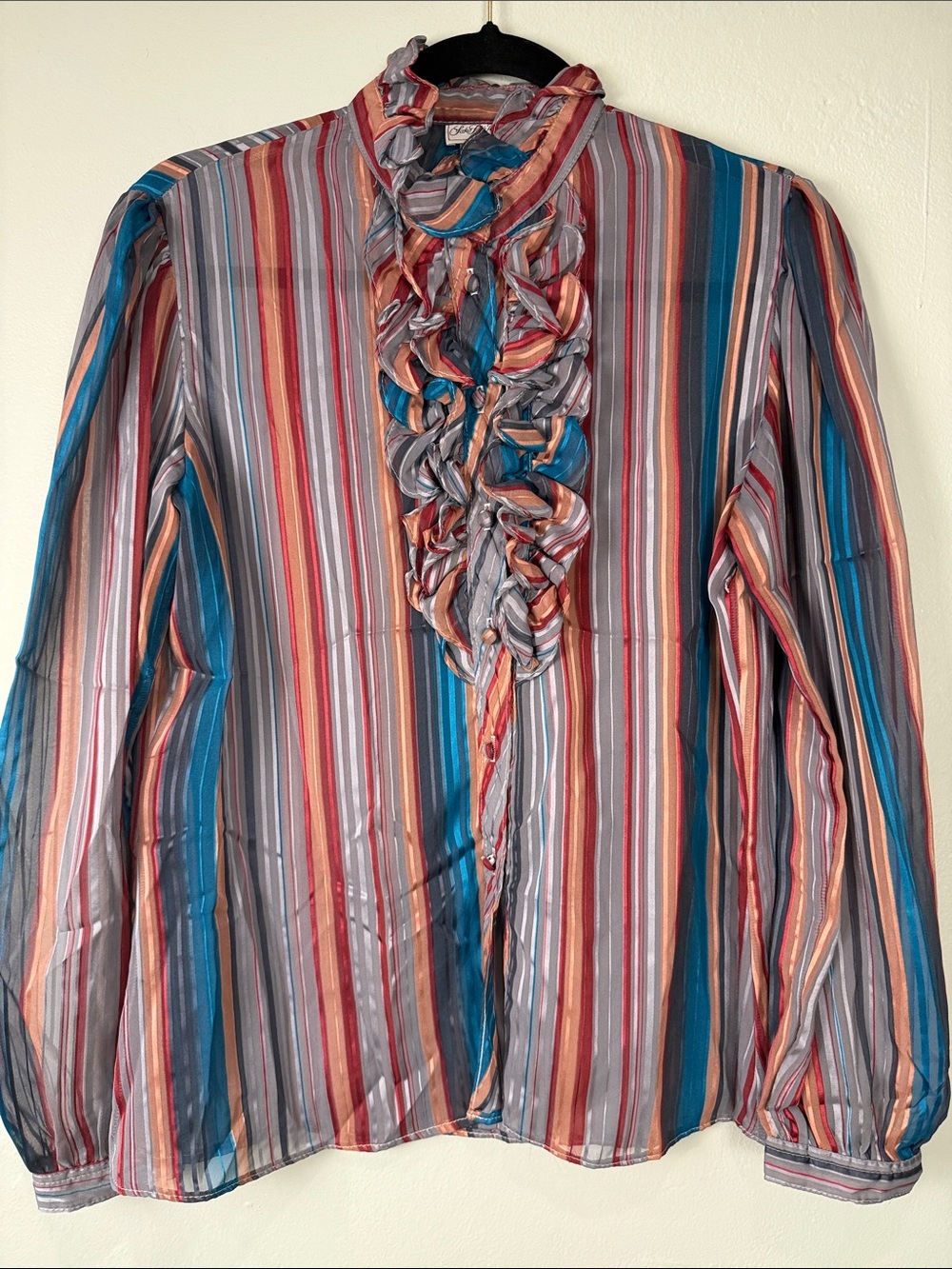 ✨ Vintage Saks Fifth Avenue Ruffle Stripe Blouse Sheer  100% Polyester Size 12